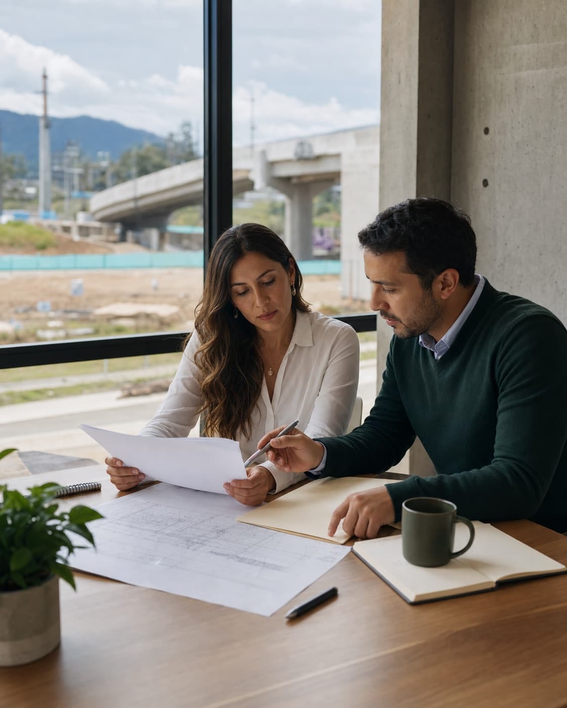 Profesionales revisando documentos de un proyecto de infraestructura