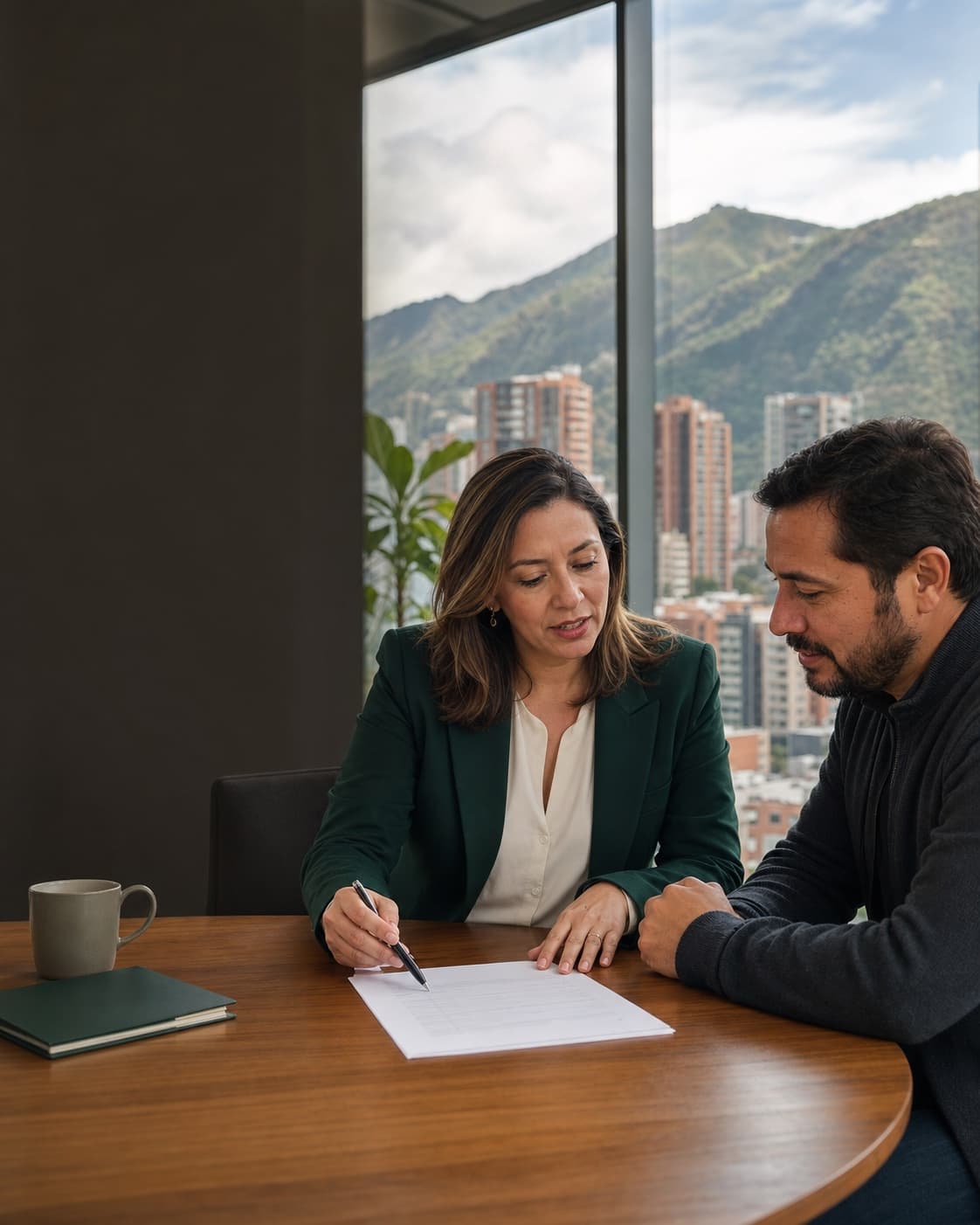 Asesora de la agencia revisando una póliza con un cliente en Bogotá
